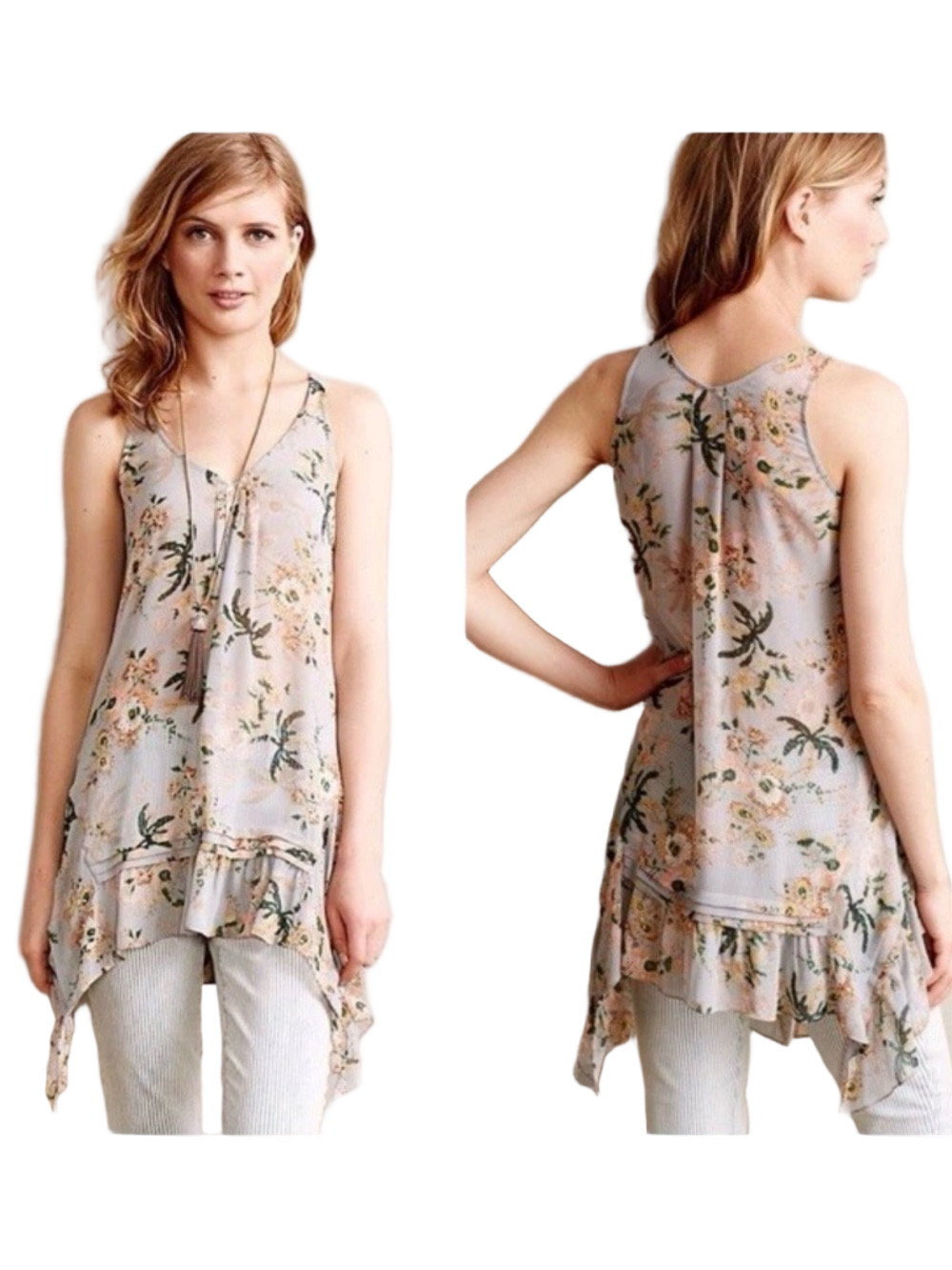 🐕🦺Maeve Anthropologie Magda Ruffled floral Sleeveless tunic Light Gray S GUC